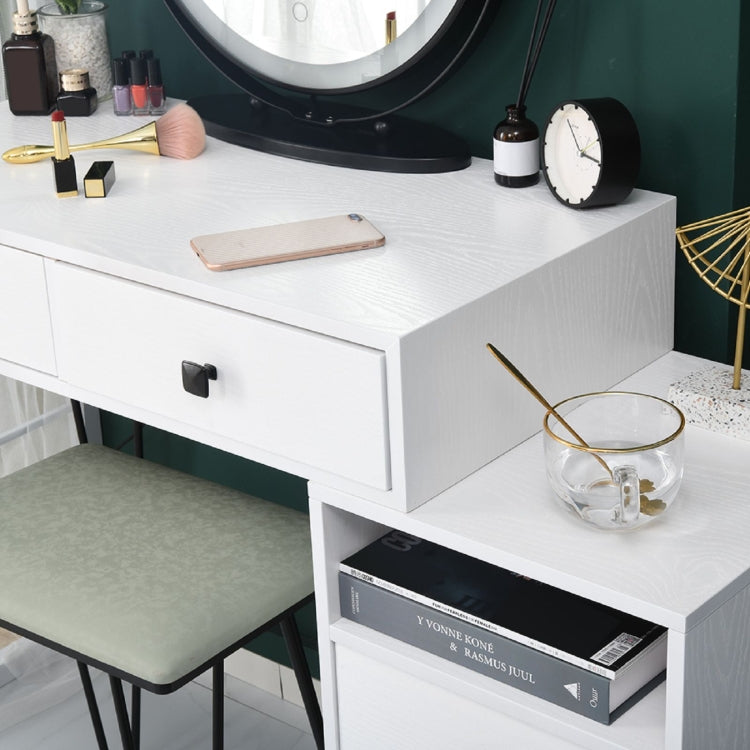[US Warehouse] Bedroom Iron Dresser with Solid Wood Makeup Desk Storage Cabinet & Stool