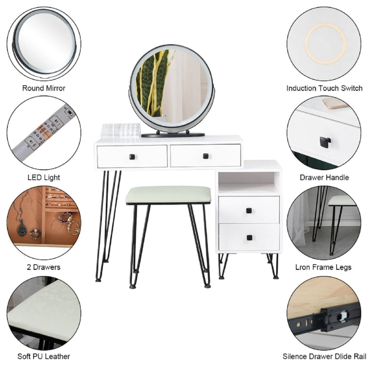 [US Warehouse] Bedroom Iron Dresser with Solid Wood Makeup Desk Storage Cabinet & Stool