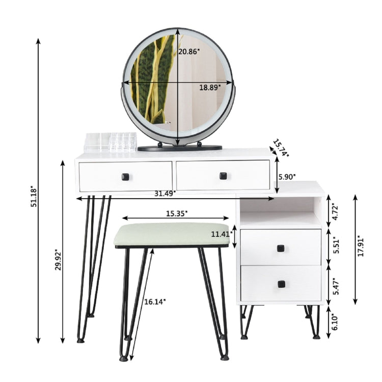 [US Warehouse] Bedroom Iron Dresser with Solid Wood Makeup Desk Storage Cabinet & Stool