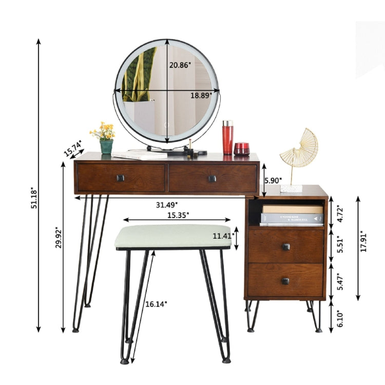 [US Warehouse] Bedroom Iron Dresser with Solid Wood Makeup Desk Storage Cabinet & Stool