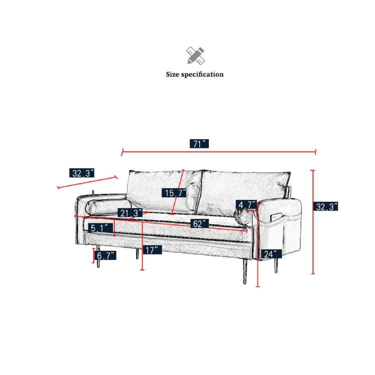 [US Warehouse] Velet Fabric Double Sofa with Pocket, Size: 71x32.3x32.3 inch(Grey)