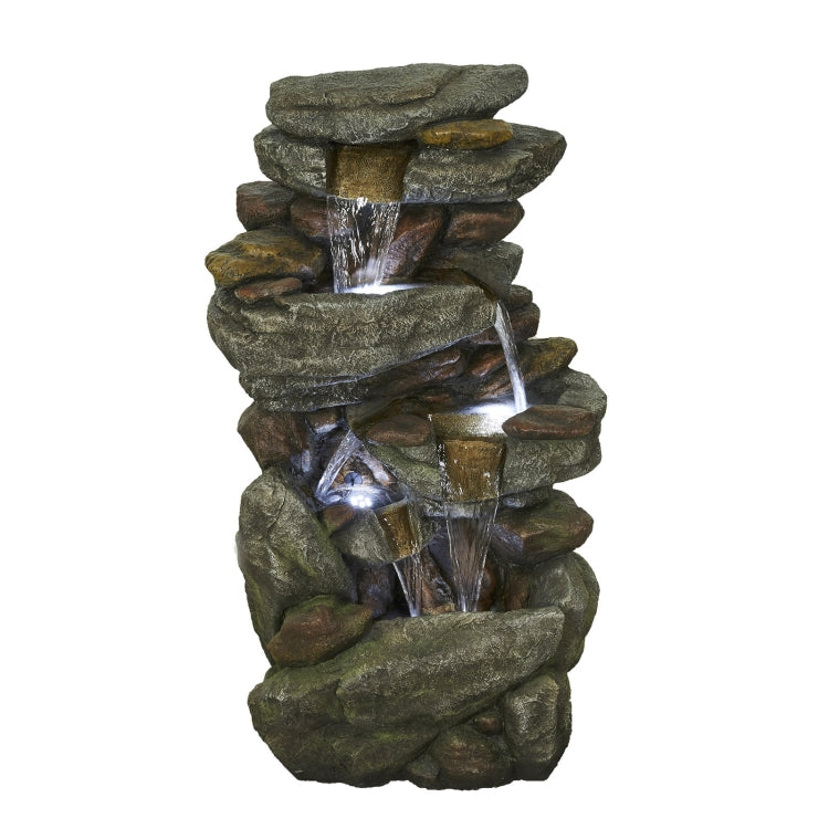 [US Warehouse] Indoor and Outdoor Landscape Standing Rockery 5-cascading Bowl Shape Fountain Decoration with White LED Lights, Size: 40.15 x 21.65 x 14.96 inch