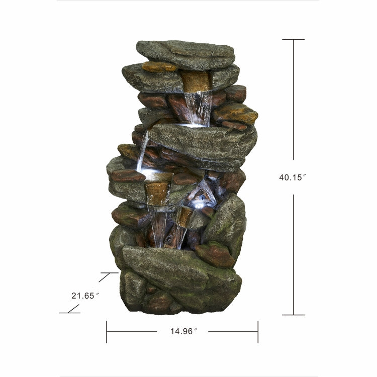 [US Warehouse] Indoor and Outdoor Landscape Standing Rockery 5-cascading Bowl Shape Fountain Decoration with White LED Lights, Size: 40.15 x 21.65 x 14.96 inch