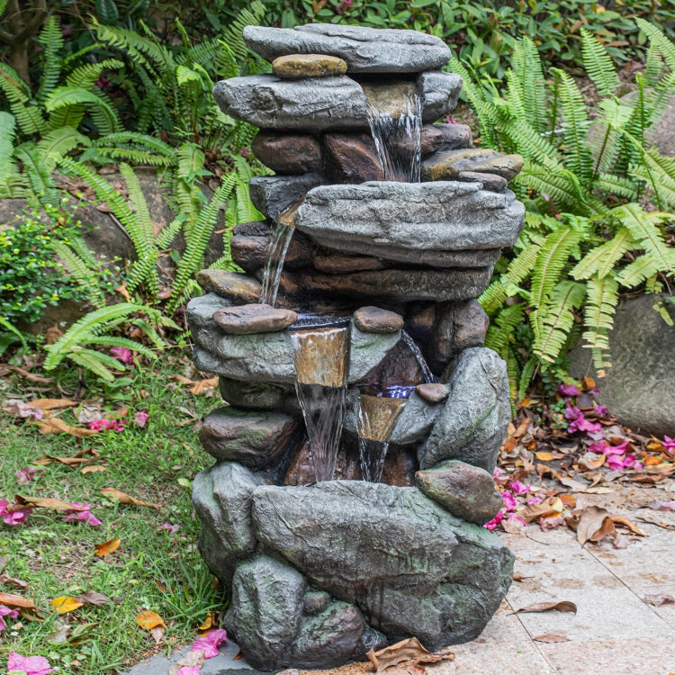[US Warehouse] Indoor and Outdoor Landscape Standing Rockery 5-cascading Bowl Shape Fountain Decoration with White LED Lights, Size: 40.15 x 21.65 x 14.96 inch
