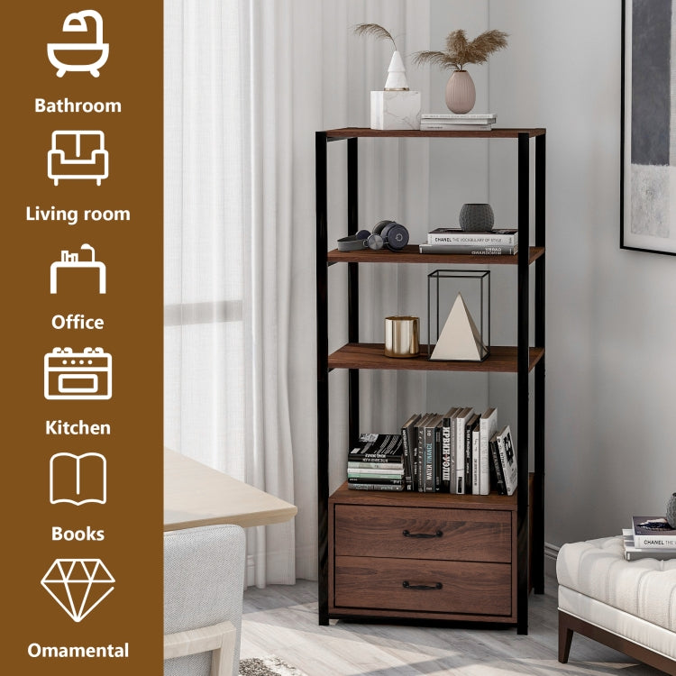 [EU Warehouse] 4 Tier Wooden Storage Bookshelf with 2 Drawers, Size: 60x42.5x143.5cm
