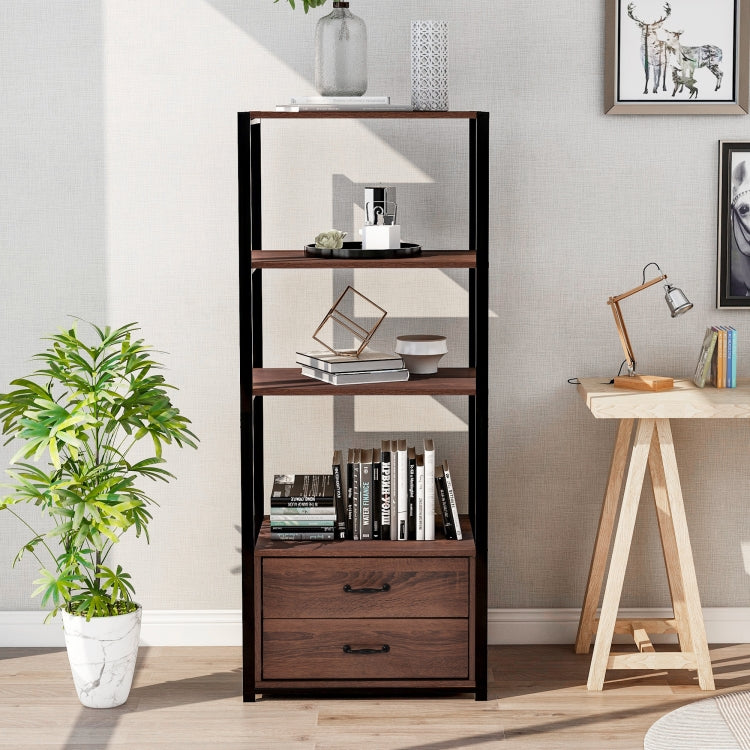 [EU Warehouse] 4 Tier Wooden Storage Bookshelf with 2 Drawers, Size: 60x42.5x143.5cm