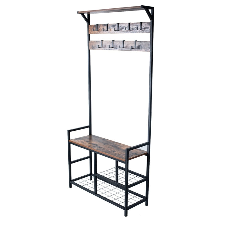 [US Warehouse] Entrance Retro Coat Rack with 9 Hooks & Top Compartment & Three-tier Shoe Changing Stool