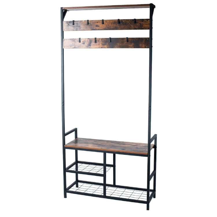 [US Warehouse] Entrance Retro Coat Rack with 9 Hooks & Top Compartment & Three-tier Shoe Changing Stool