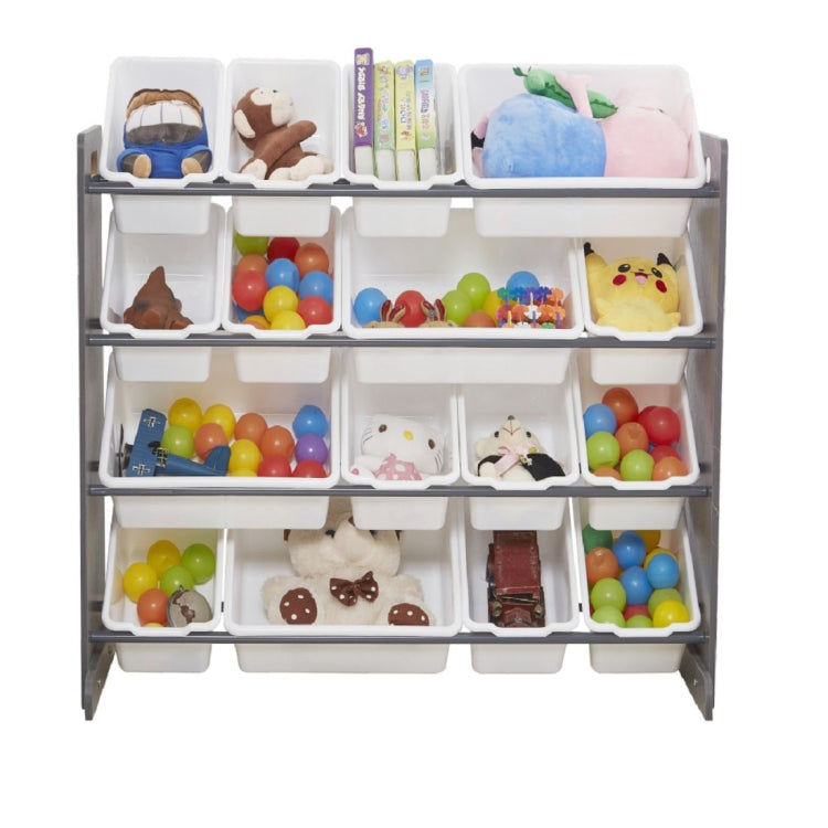 [UK Warehouse] 4-layer 16-compartment Toy Storage Rack, Gray Frame + All White Plastic Basket
