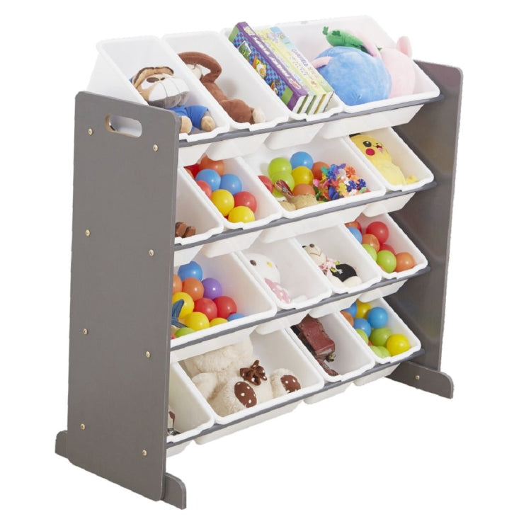 [UK Warehouse] 4-layer 16-compartment Toy Storage Rack, Gray Frame + All White Plastic Basket