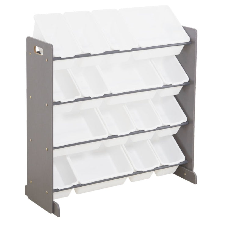 [US Warehouse] 4-layer 16-compartment Toy Storage Rack, Gray Frame + All White Plastic Basket
