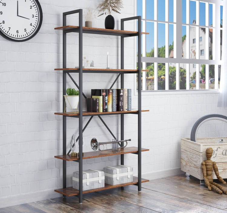 [US Warehouse] 5-Tier Industrial Style Wood Metal Frame Bookshelf Storage Display Shelves, Size: 100 x 23.9 x 177.8cm
