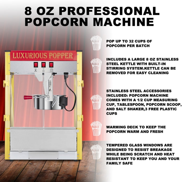 [US Warehouse] 120V-60Hz 850W 8oz Double Door Large Capacity Retro Popcorn Machine, Size: 52x45x62cm
