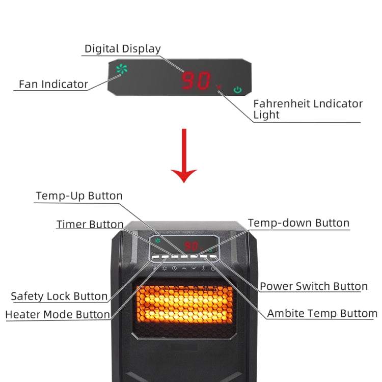 [US Warehouse] ZOKOP HT1188N 1500W Digital Style Quartz Tube Heater Heat Booster, US Plug (Black)