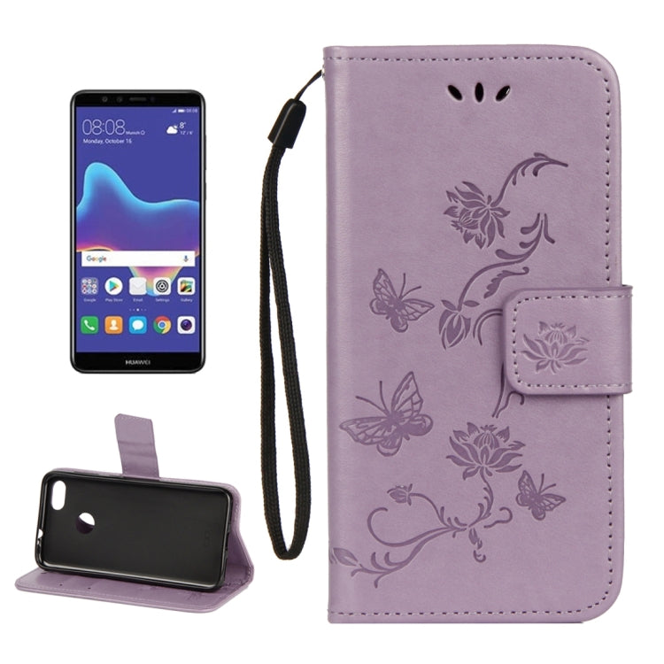 For Huawei Y9 (2018) Lotus Butterfly Pattern Horizontal Flip Leather Case with Holder & Card Slots & Wallet & Lanyard