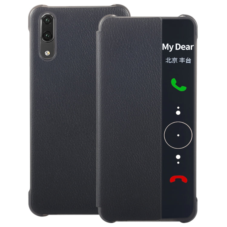 For Huawei P20 Litchi Texture PC + PU Horizontal Flip Case with Smart View Window and Sleep Wake-up Function
