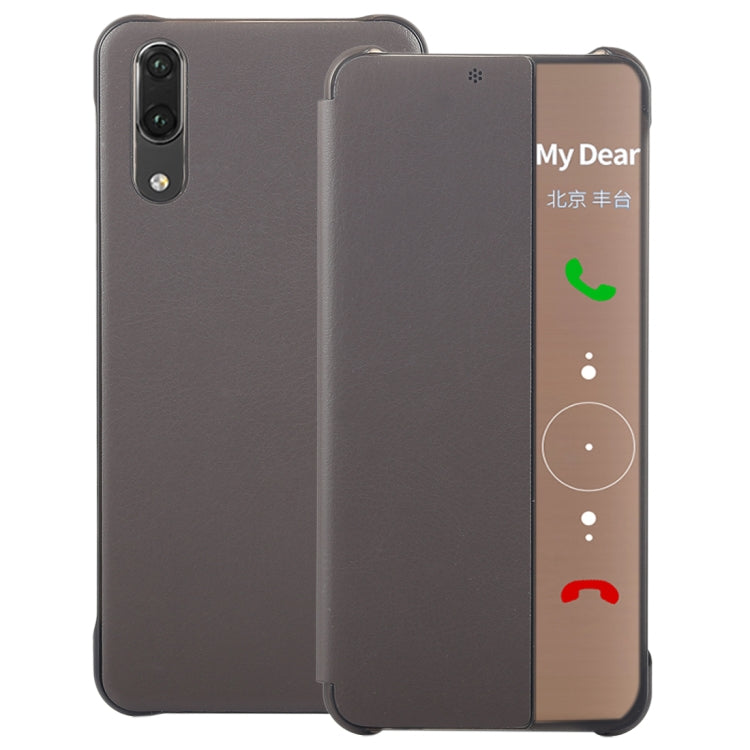 For Huawei P20 Litchi Texture PC + PU Horizontal Flip Case with Smart View Window and Sleep Wake-up Function