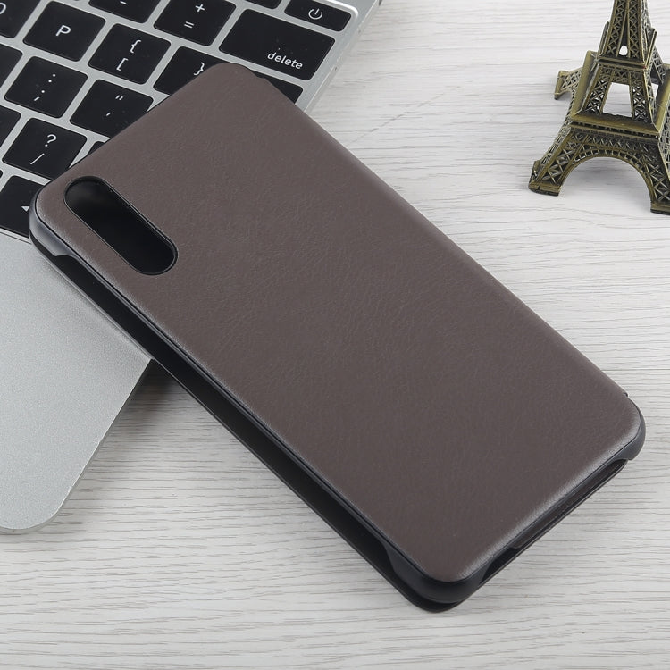 For Huawei P20 Litchi Texture PC + PU Horizontal Flip Case with Smart View Window and Sleep Wake-up Function