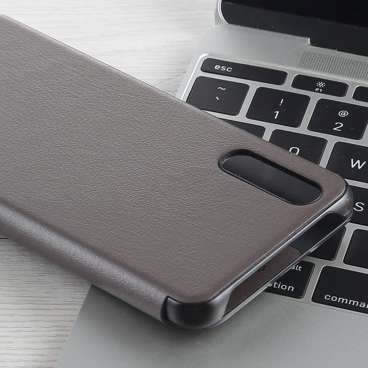 For Huawei P20 Litchi Texture PC + PU Horizontal Flip Case with Smart View Window and Sleep Wake-up Function