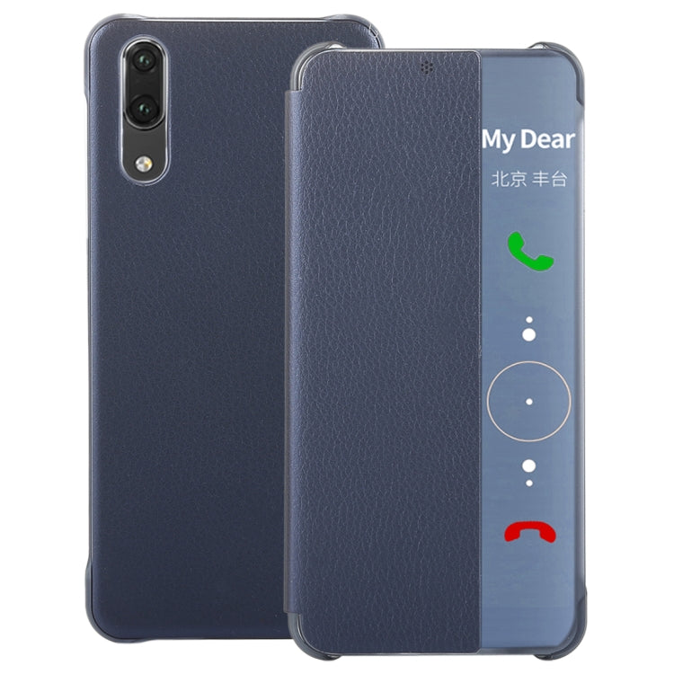 For Huawei P20 Litchi Texture PC + PU Horizontal Flip Case with Smart View Window and Sleep Wake-up Function