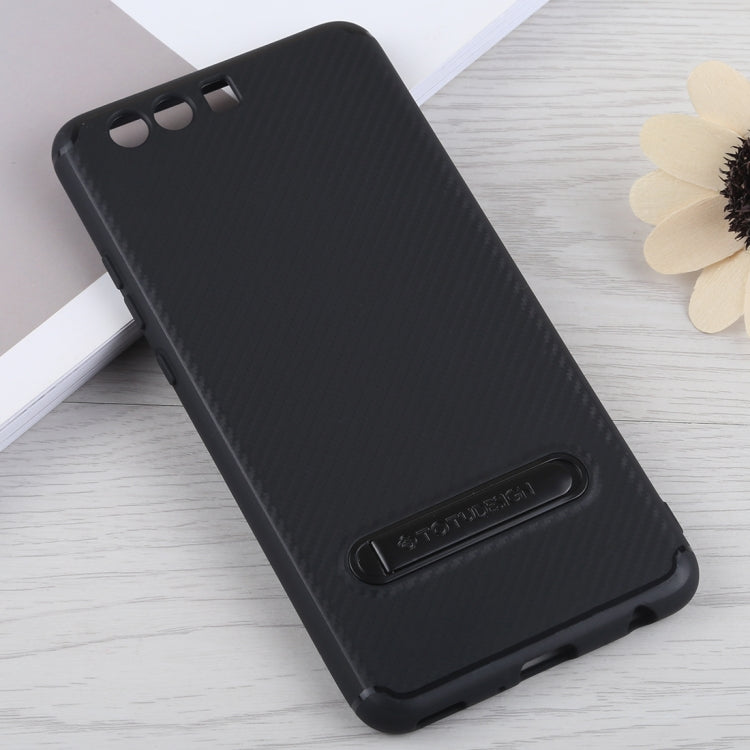 TOTUDESIGN Slim Series Carbon Fiber Texture TPU Case for Huawei P10 Plus, with Holder(Black)