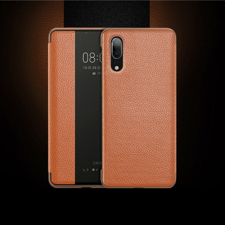 Top-grain Horizontal Flip Leather Case for Huawei P20, with Call Answering Function & Sleep / Wake-up