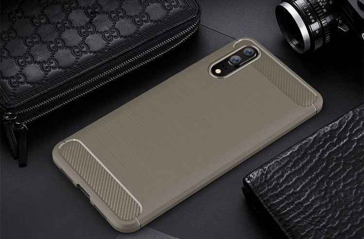 For Huawei  P20 Brushed Texture Carbon Fiber Shockproof TPU Protective Back Case