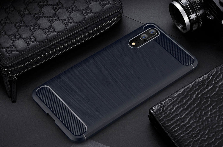 For Huawei  P20 Brushed Texture Carbon Fiber Shockproof TPU Protective Back Case