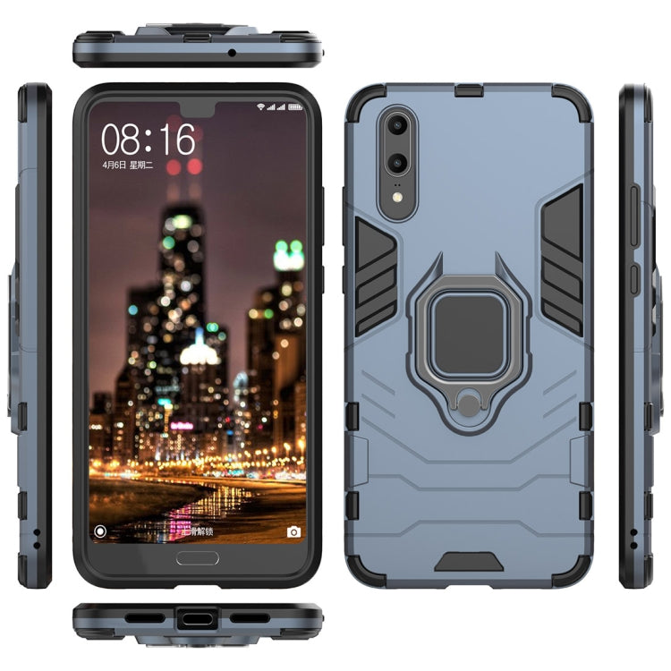 PC + TPU Shockproof Protective Case for Huawei P20, with Magnetic Ring Holder (Navy Blue)