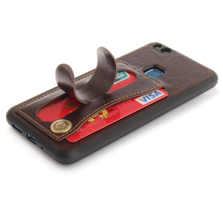 For Huawei  P10 Lite TPU + Leather Pasted Litchi Texture Protective Back Case with Holder & Card Slots