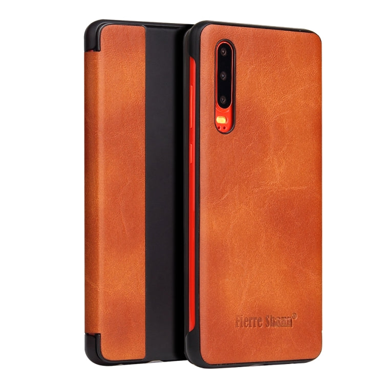Fierre Shann Crazy Horse Texture Horizontal Flip PU Leather Case for Huawei P30, with Smart View Window & Sleep Wake-up Function