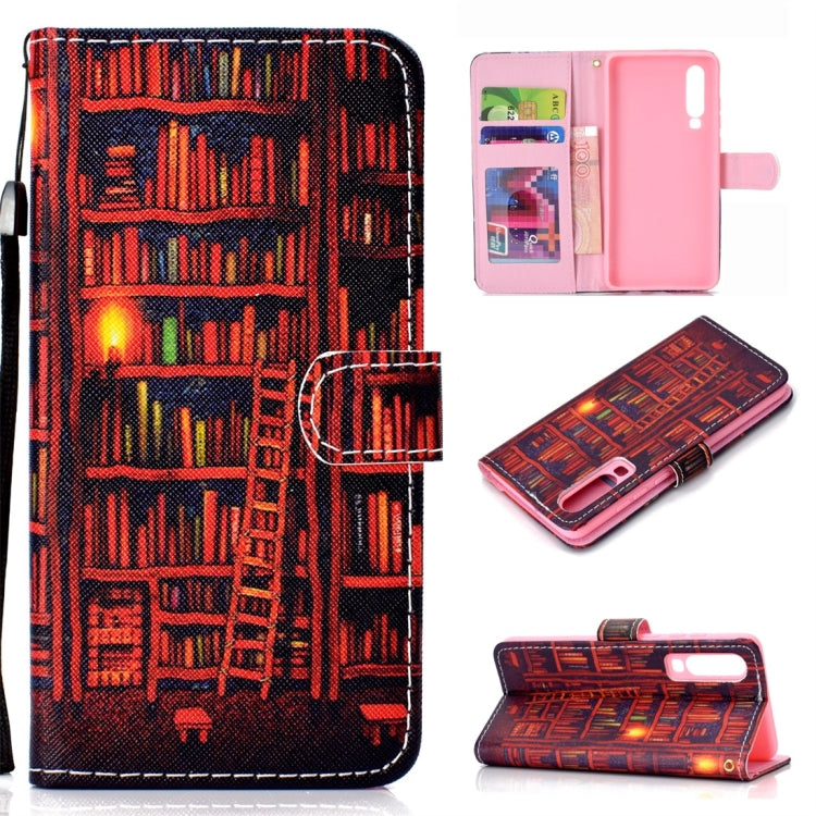 Bookshelf Pattern Colored Drawing Horizontal Flip Leather Case for Huawei P30, with Holder & Card Slots & Wallet & Lanyard