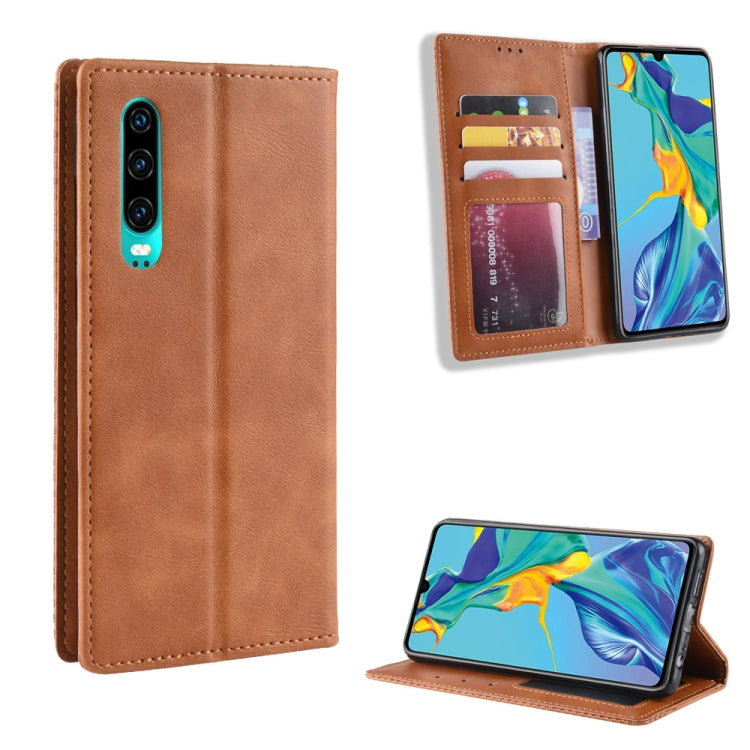 Magnetic Buckle Retro Crazy Horse Texture Horizontal Flip Leather Case for Huawei P30, with Holder & Card Slots & Photo Frame