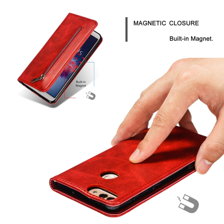 Calf Texture Zipper Magnetic Horizontal Flip Leather Case for Huawei P Smart / Honor 9 Lite, with Wallet & Holder & Card Slots