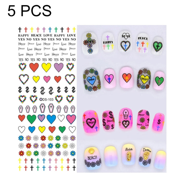 DS103-126 5 PCS 14 Patterns DIY Design Beauty Water Transfer Harajuku Nails Art Sticker Nail Art Decoration Accessories, Random Color Delivery, Without Nails