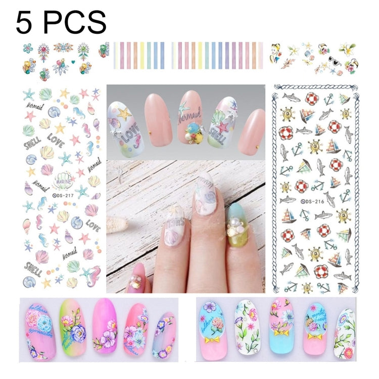 DS209-222 5 PCS 14 Patterns DIY Design Beauty Water Transfer Harajuku Nails Art Sticker Nail Art Decoration Accessories, Random Color Delivery, Without Nails
