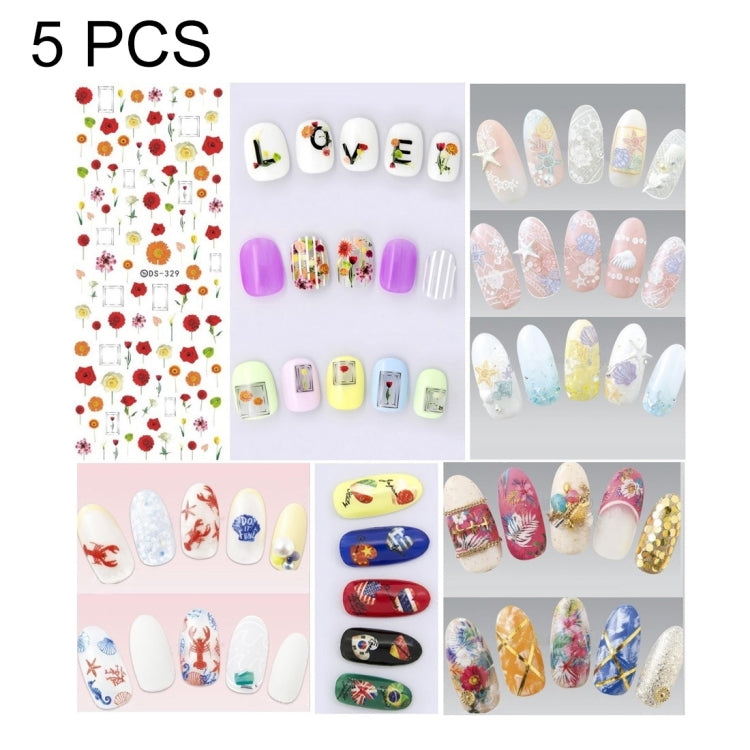 DS321-344 5 PCS 12 Patterns DIY Design Beauty Water Transfer Harajuku Nails Art Sticker Nail Art Decoration Accessories, Random Color Delivery, Without Nails