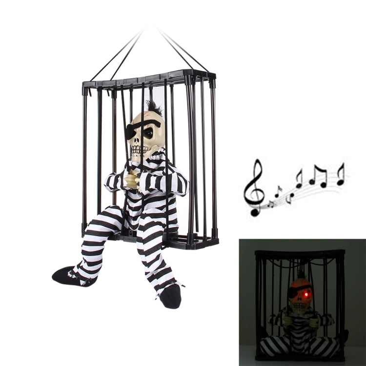 Halloween Hanging Caged Prisoner Skeleton with Flashing Color LED