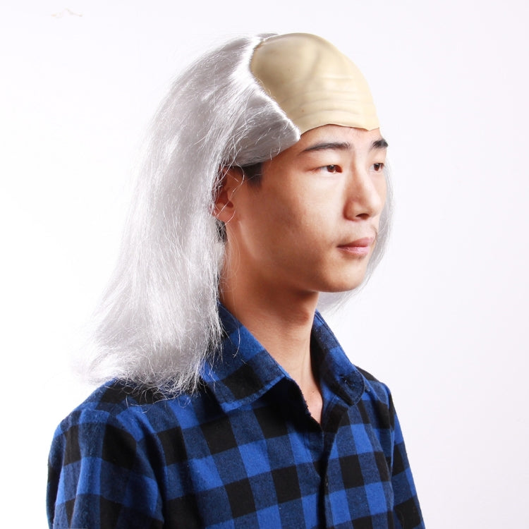 Funny Halloween Emulsion Bald Head with Long Hair Headgear for Men and Women