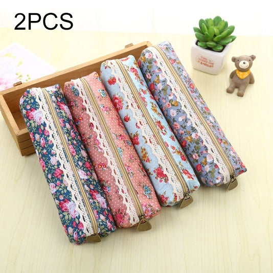 2 PCS Creative Pastoral Style Floral Roll Pen Pencil Case Bag Extended Edition for School Stationery Office Supply, Random Color Delivery