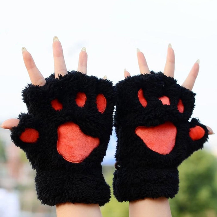 Winter Lovely Cartoon Cat Claw Lady Gloves Thick Warm Fluffy Paws Half Finger Gloves