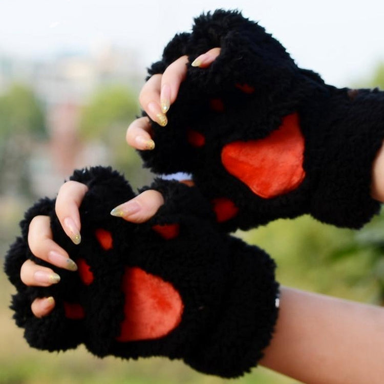 Winter Lovely Cartoon Cat Claw Lady Gloves Thick Warm Fluffy Paws Half Finger Gloves