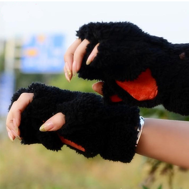 Winter Lovely Cartoon Cat Claw Lady Gloves Thick Warm Fluffy Paws Half Finger Gloves