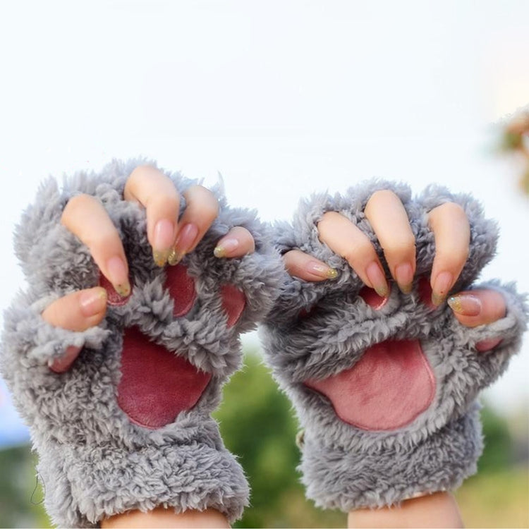 Winter Lovely Cartoon Cat Claw Lady Gloves Thick Warm Fluffy Paws Half Finger Gloves