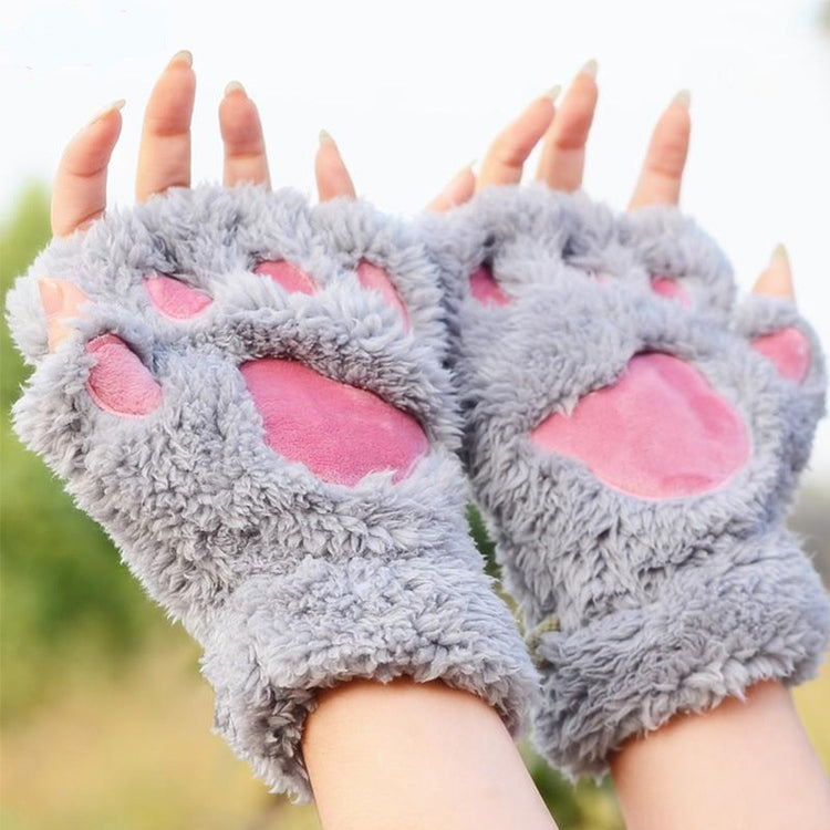Winter Lovely Cartoon Cat Claw Lady Gloves Thick Warm Fluffy Paws Half Finger Gloves