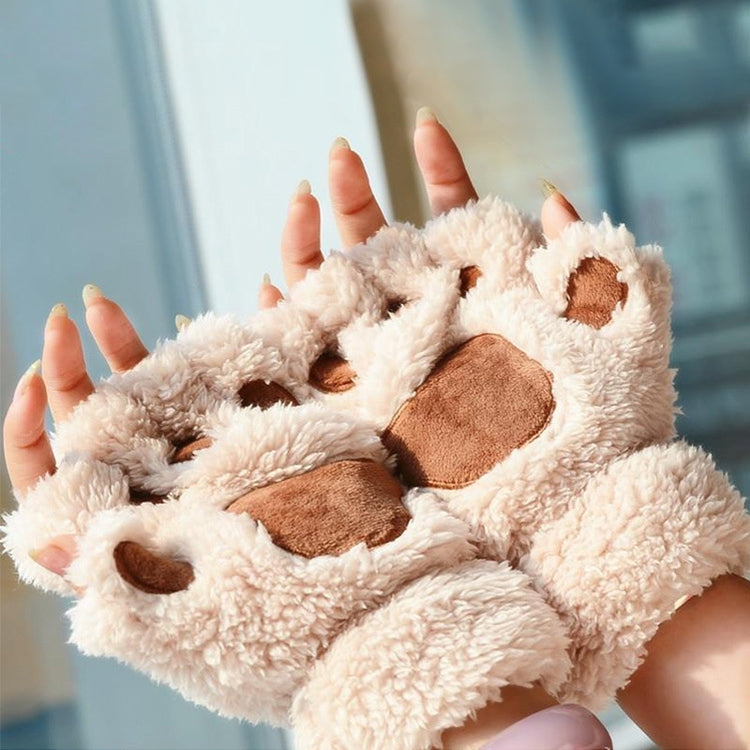 Winter Lovely Cartoon Cat Claw Lady Gloves Thick Warm Fluffy Paws Half Finger Gloves