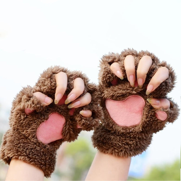 Winter Lovely Cartoon Cat Claw Lady Gloves Thick Warm Fluffy Paws Half Finger Gloves