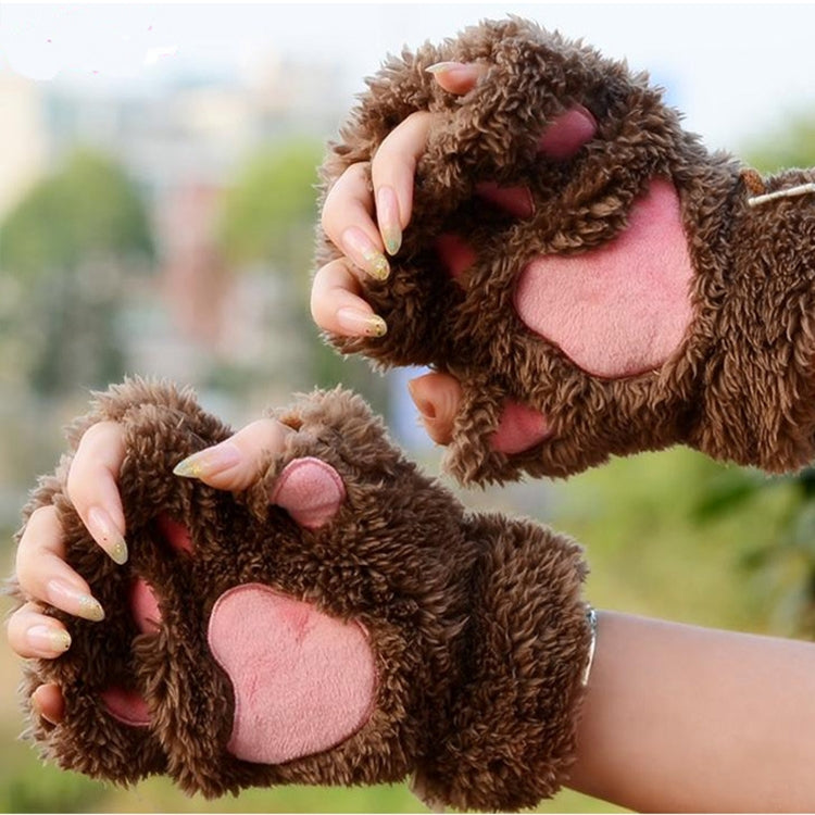 Winter Lovely Cartoon Cat Claw Lady Gloves Thick Warm Fluffy Paws Half Finger Gloves