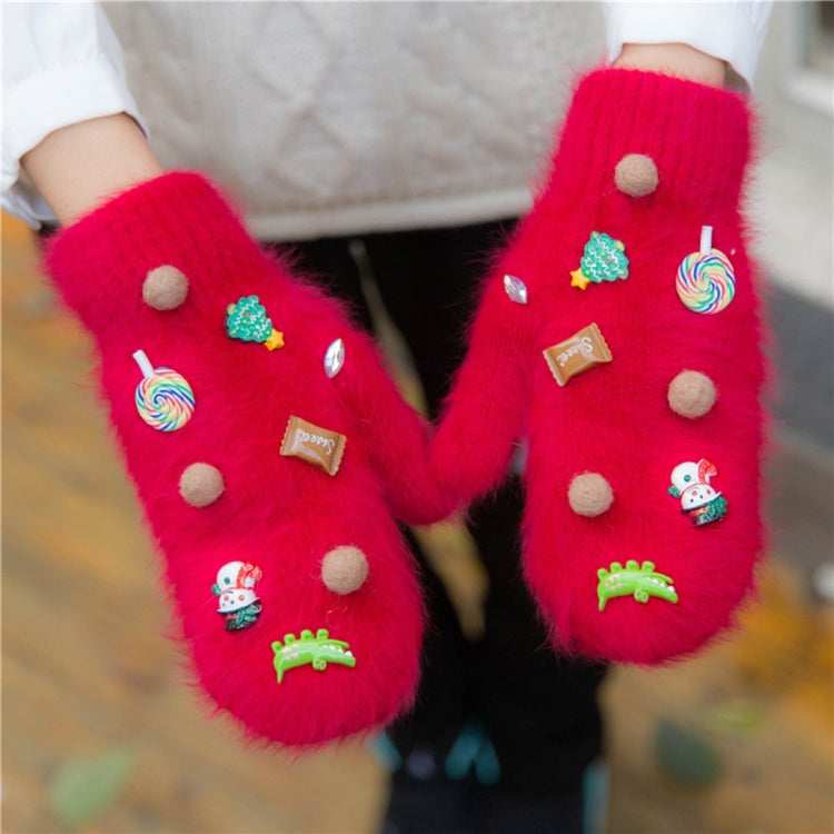 One Pair Christmas Series Full Finger Warm Rabbit Hair Winter Gloves Double Layer Thick Gloves