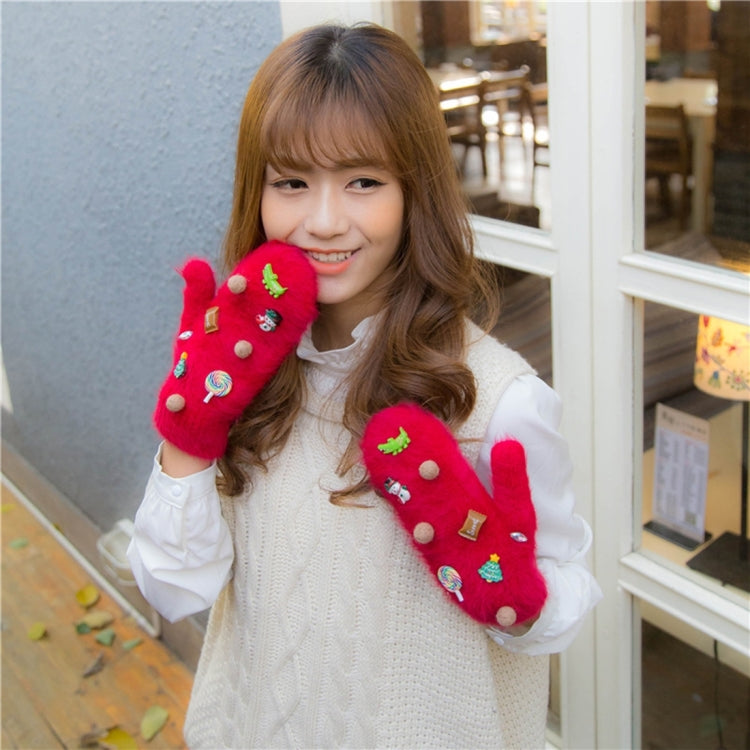 One Pair Christmas Series Full Finger Warm Rabbit Hair Winter Gloves Double Layer Thick Gloves
